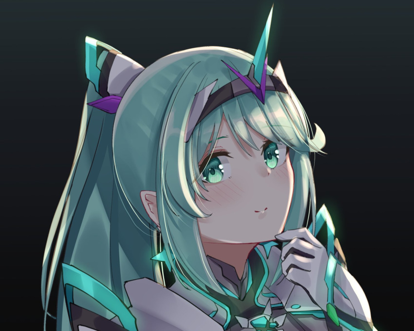 1girl bangs black_background chest_jewel earrings finger_to_chin gloves gradient green_eyes green_hair jewelry light_blush long_hair long_ponytail looking_at_viewer pneuma_(xenoblade) ponytail portrait sarasadou_dan smile solo swept_bangs tiara white_gloves xenoblade_chronicles_(series) xenoblade_chronicles_2