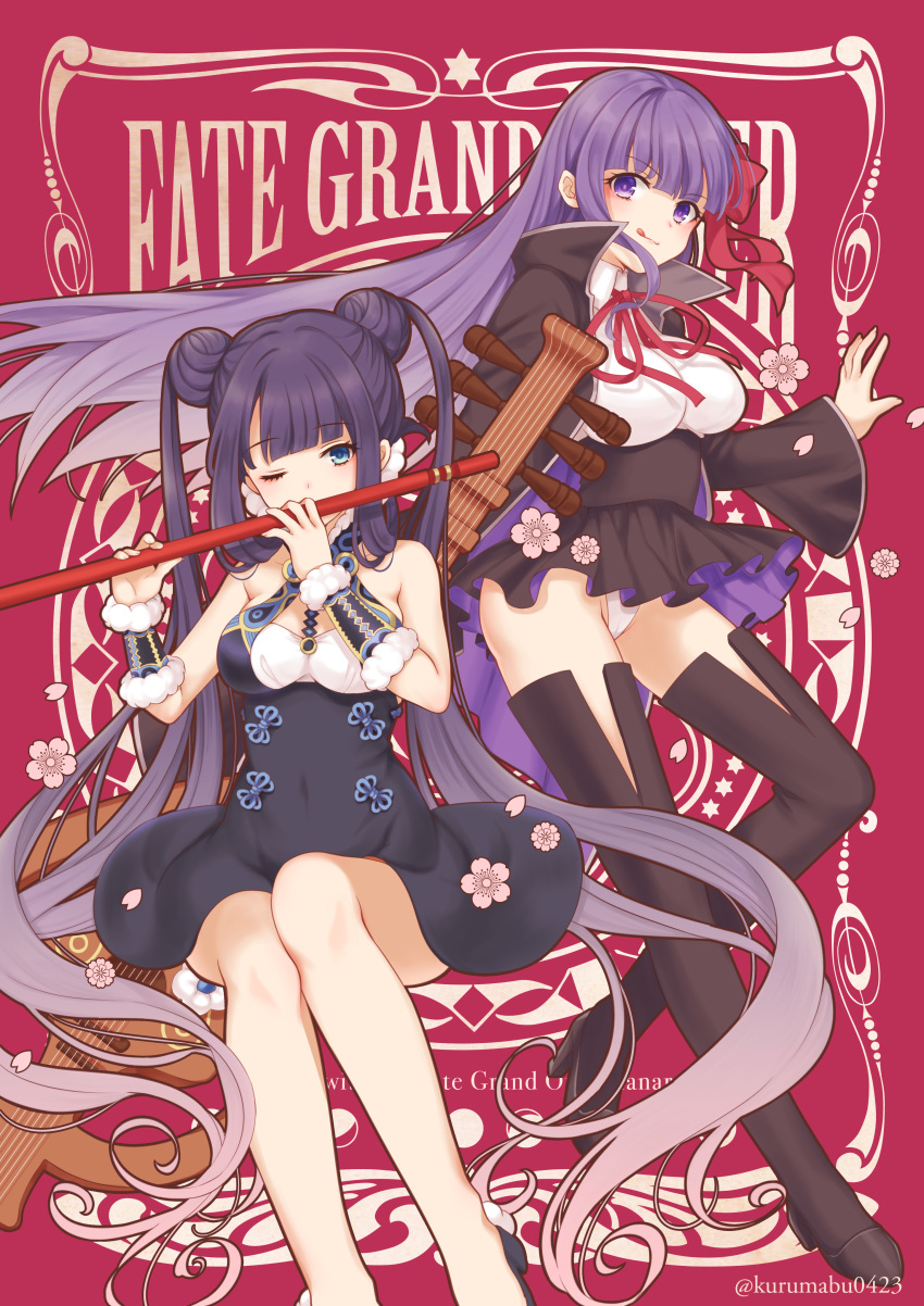 2girls absurdres bb_(fate)_(all) bb_(fate/extra_ccc) blue_eyes bow breasts cherry_blossoms copyright_name double_bun dress fate/grand_order fate_(series) flute highres instrument leotard long_hair multiple_girls music one_eye_closed pika_mouse playing_instrument purple_eyes purple_hair twintails twitter_username very_long_hair white_leotard yang_guifei_(fate/grand_order)