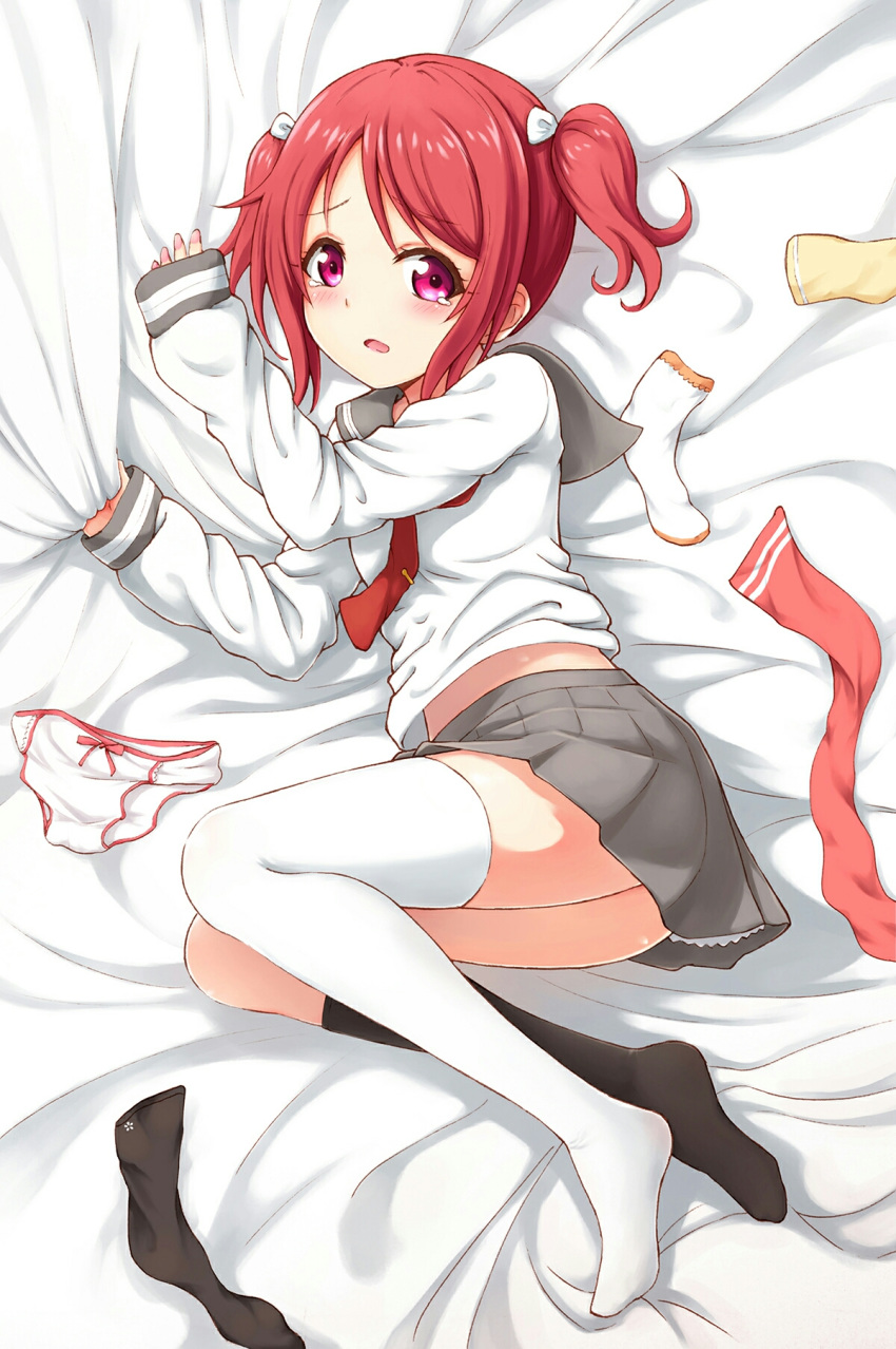 1girl bed_sheet black_legwear blush child chinese_commentary commentary_request eyebrows_visible_through_hair highres long_sleeves looking_at_viewer love_live! love_live!_school_idol_project love_live!_sunshine!! lying midriff mismatched_legwear necktie no_shoes on_bed on_side open_mouth panties pink_eyes red_hair red_neckwear sailor_collar school_uniform sheet_grab short_twintails skirt socks soles solo tears thighhighs twintails underwear white_legwear white_panties zzt_(zztsama)