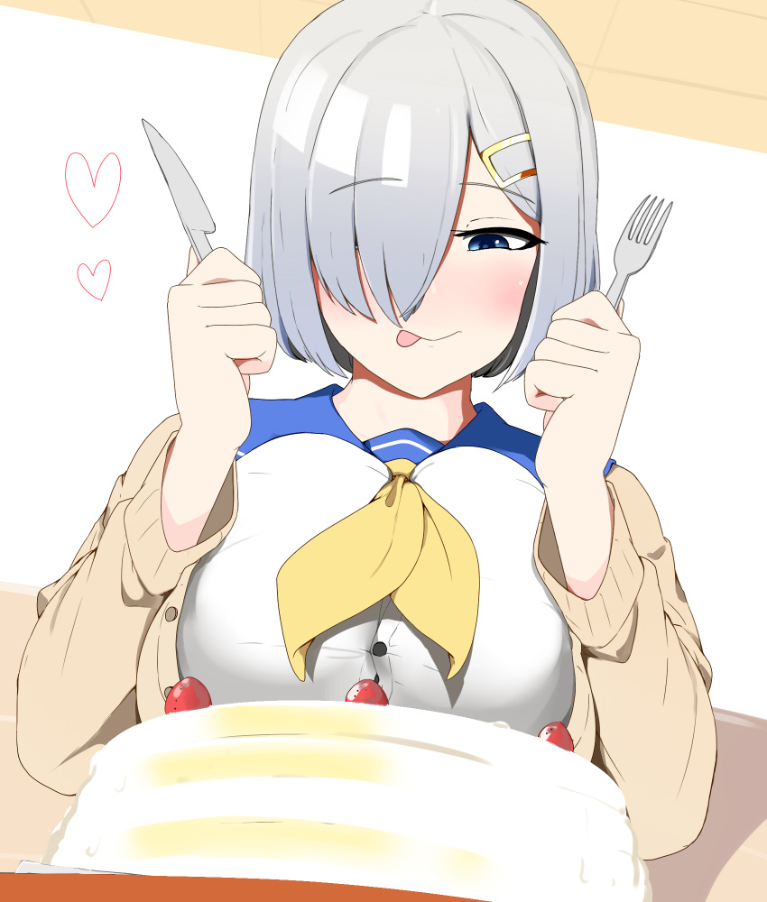 1girl blue_eyes breasts cake food fork hair_ornament hair_over_one_eye hairclip hamakaze_(kantai_collection) hauto-san highres holding holding_fork holding_knife kantai_collection knife large_breasts long_sleeves neckerchief school_uniform serafuku short_hair silver_hair solo tongue tongue_out yellow_neckwear