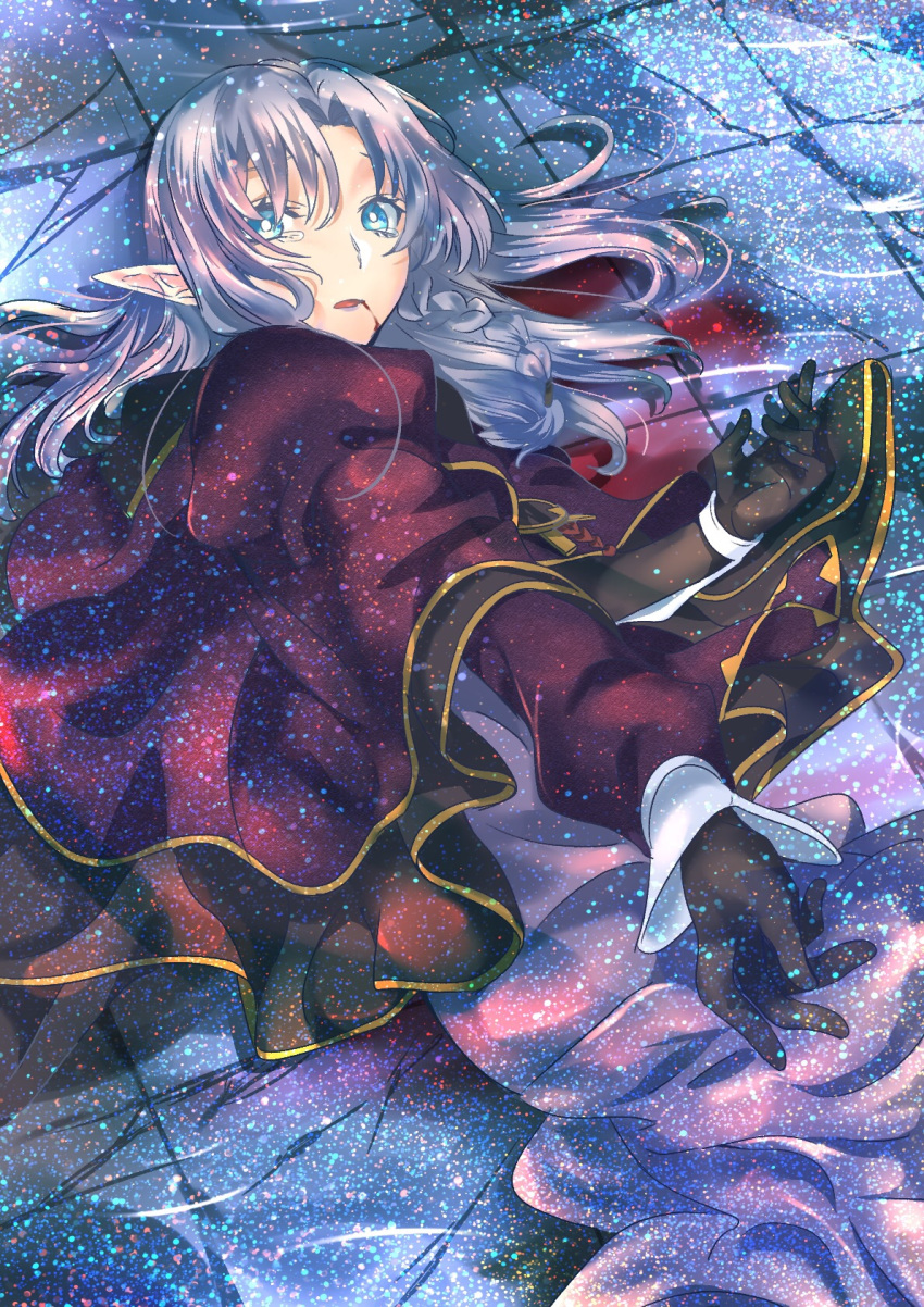1girl black_gloves bleeding blood blood_from_mouth blue_eyes braid cape caster dress fate/stay_night fate_(series) gloves highres lipstick long_dress looking_at_viewer lying makeup on_floor on_side pointy_ears purple_cape purple_dress purple_hair purple_lipstick side_braid solo stone_floor tears urushimaru0701