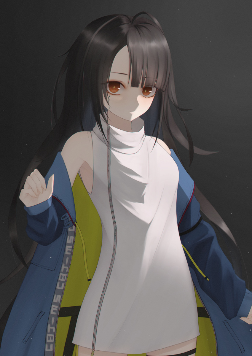 1girl bangs black_hair blunt_bangs c-ms_(girls_frontline) coat expressionless girls_frontline highres long_hair red_eyes sleeveless solo sweater thomas_8000 turtleneck turtleneck_sweater very_long_hair