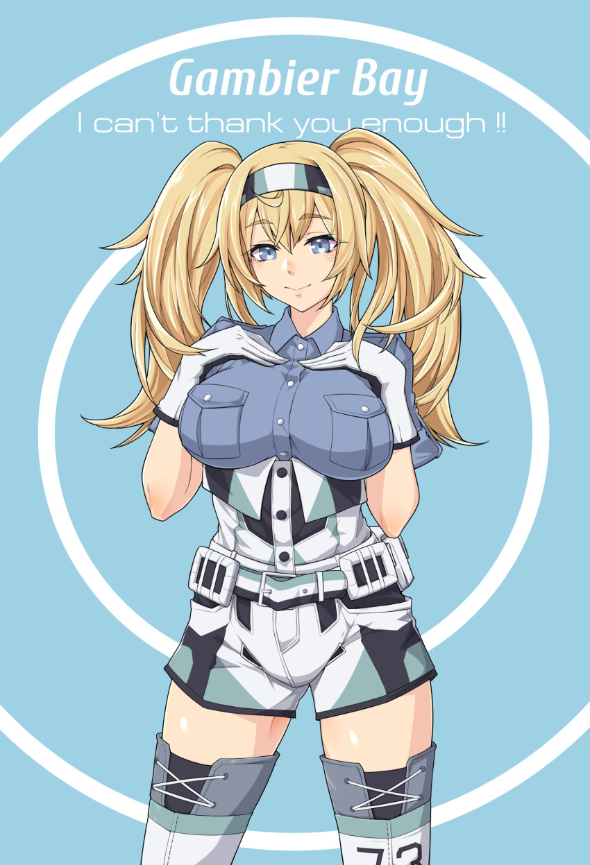 1girl black_shorts blonde_hair blue_background blue_eyes blue_shirt breast_pocket breasts character_name collared_shirt cowboy_shot gambier_bay_(kantai_collection) gloves green_shorts hairband hands_on_own_breasts highres kantai_collection kukurus large_breasts multicolored multicolored_clothes multicolored_gloves multicolored_shorts pocket shirt shorts smile solo standing thighhighs twintails white_legwear white_shorts
