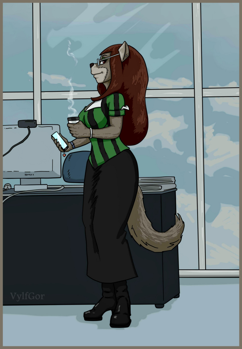 anthro beverage canid canine canis cellphone clothed clothing coffee eyewear female glasses grey_body hi_res looking_at_viewer mammal multicolored_body office phone smartphone solo suit topwear two_tone_body underwear vylfgor window wolf zombillenium