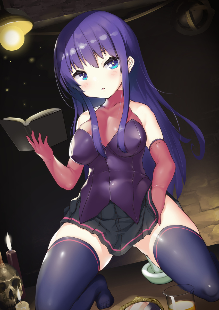 1girl bangs black_legwear blue_eyes blush book breasts candle elbow_gloves eyebrows_visible_through_hair gloves highres kneeling long_hair looking_at_viewer malariya medium_breasts ochinsama open_book pleated_skirt purple_hair quiz_magic_academy skirt skull solo thighhighs