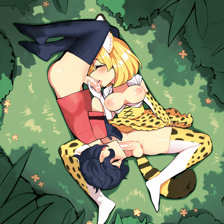 2girls 69 absurdres animal_ears animal_print areolae black_hair black_legwear blonde_hair breasts breasts_outside closed_eyes elbow_gloves fellatio flower forest from_above futa_with_futa futanari gloves grass highres initsukkii kaban_(kemono_friends) kemono_friends licking licking_penis lying multiple_girls nature nipples on_back on_side open_mouth oral outdoors penis print_gloves print_legwear red_shirt serval_(kemono_friends) serval_ears serval_tail shirt short_hair skirt tail testicles thighhighs uncensored