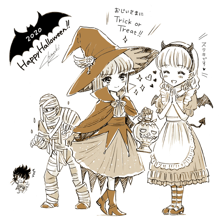 /\/\/\ 2020 2boys 3girls :d ^_^ apron bandages bangs bat blush bow chibi chibi_inset closed_eyes closed_mouth commentary_request crescent delphinus_mii dress emphasis_lines english_text equuleus_shoko eyebrows_visible_through_hair fake_horns fake_tail fake_wings frilled_apron frills gloves grey_background hair_between_eyes hairband halloween_costume happy_halloween hat hat_ornament heart high_heels highres horns kido_saori kuori_chimaki long_hair looking_at_another mary_janes monochrome multiple_boys multiple_girls mummy_costume open_mouth own_hands_together pegasus_seiya popped_collar puffy_short_sleeves puffy_sleeves saint_seiya saint_seiya_saintia_sho sash shoes short_sleeves signature skirt skirt_hold smile sparkle standing striped striped_legwear surprised sweatdrop tail tatsumi_tokumaru translation_request trick_or_treat wings witch witch_hat