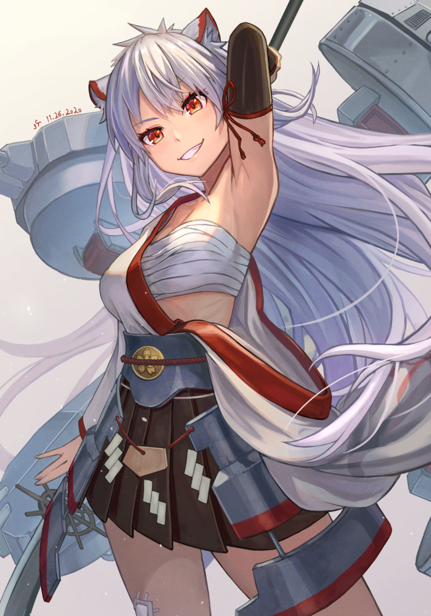 1girl animal_ear_fluff animal_ears arm_up armpits azur_lane bangs black_skirt blush breasts cat_ears cleavage commentary commission cowboy_shot dated eyebrows_visible_through_hair faulds floating_hair grin hadanugi_dousa hair_between_eyes highres hyuuga_(azur_lane) japanese_clothes large_breasts long_hair looking_at_viewer machinery midriff naginata polearm red_eyes rigging sakumichi sakuramon sarashi ship's_wheel sidelocks signature silver_hair simple_background skeb_commission skirt smile solo standing turret weapon white_background wide_sleeves