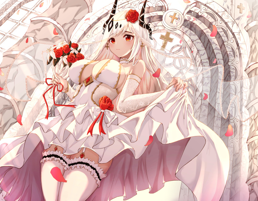 arknights flowers horns long_hair mudrock_(arknights) pointed_ears red_eyes see_through stockings tagme_(artist) thighhighs wedding_attire white_hair