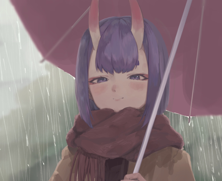 1girl bangs blush bob_cut breasts contemporary eyeliner fate/grand_order fate_(series) highres horns jacket long_sleeves looking_at_viewer makeup oni oni_horns purple_eyes purple_hair rain scarf short_eyebrows short_hair shuten_douji_(fate/grand_order) skin-covered_horns small_breasts smile taino_kou umbrella