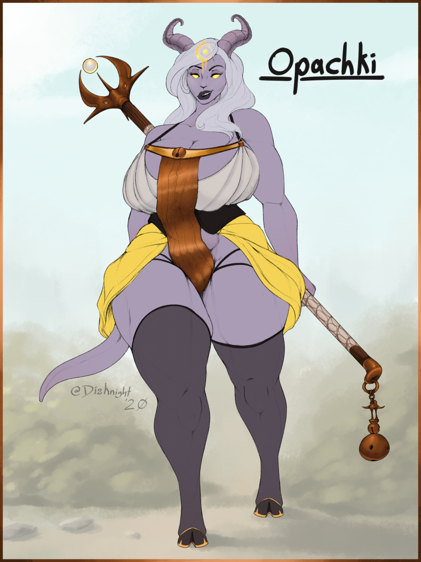 3:4 absurd_res big_breasts blizzard_entertainment breasts clothing dizzyknight draenei female hi_res hooves horn humanoid legwear lips opachki scantily_clad solo staff thick_thighs thigh_highs video_games warcraft