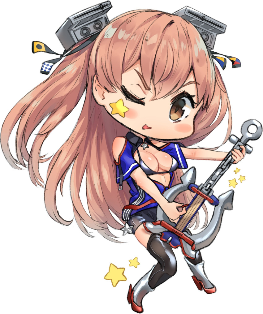 1girl absurdres anchor black_skirt breasts brown_eyes cleavage electric_guitar full_body guitar hair_ornament highres instrument jacket johnston_(kantai_collection) kantai_collection light_brown_hair long_hair medium_breasts one_eye_closed open_clothes open_jacket osananajimi_neko silver_bikini silver_bikini_top skirt thighhighs two_side_up white_background