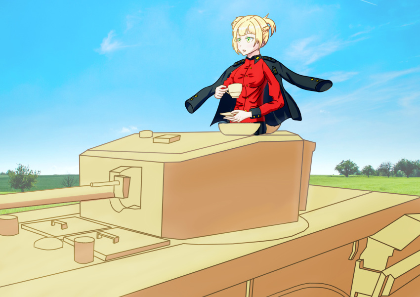 1girl absurdres blonde_hair breasts churchill_(tank) cloud commentary_request cup day gilijim girls_frontline girls_und_panzer grass green_eyes ground_vehicle highres long_hair military military_vehicle motor_vehicle open_mouth sky st._gloriana's_military_uniform tank teacup tree welrod_mk2_(girls_frontline)