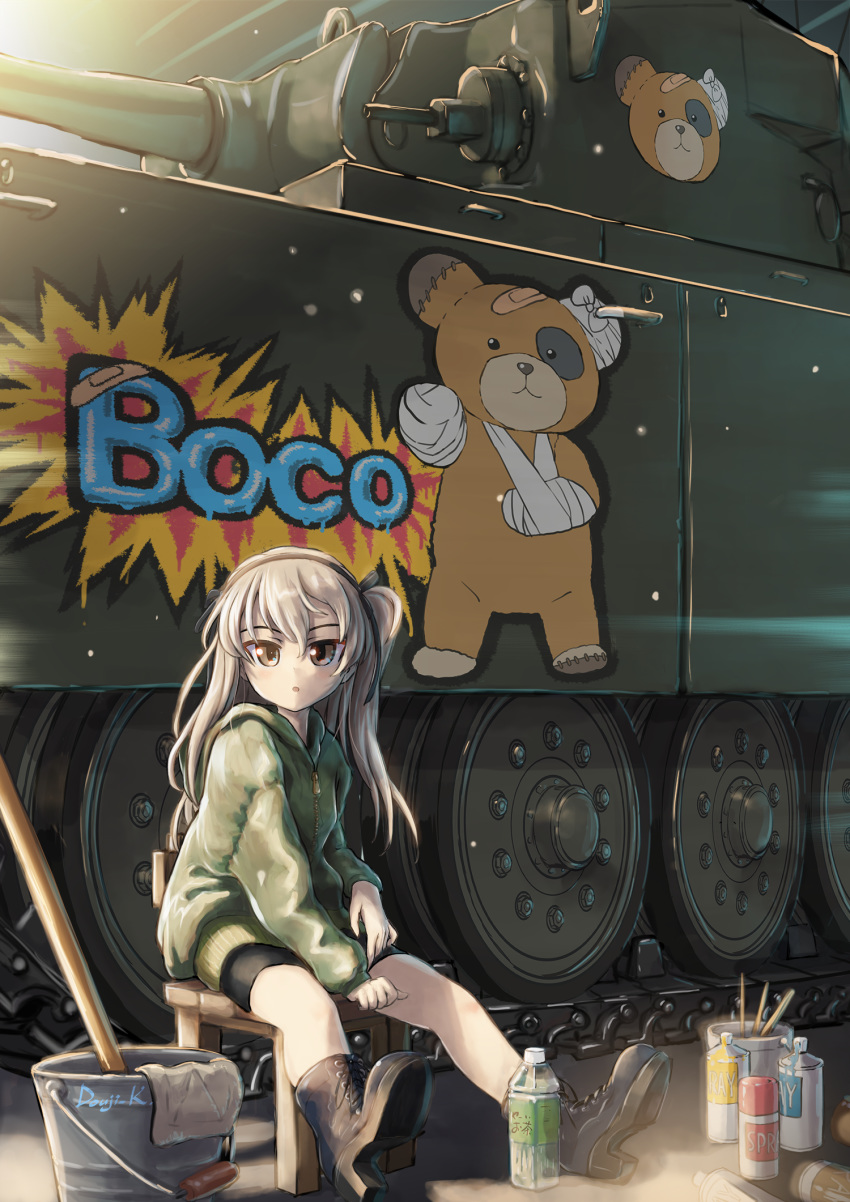 1girl artist_name bangs blush boko_(girls_und_panzer) boots bottle breasts brown_eyes bucket caterpillar_tracks centurion_(tank) commentary_request day girls_und_panzer ground_vehicle highres hood hoodie kuroneko_douji light_brown_hair long_hair military military_vehicle motor_vehicle one_side_up open_mouth shimada_arisu shorts spray_can sunlight tank