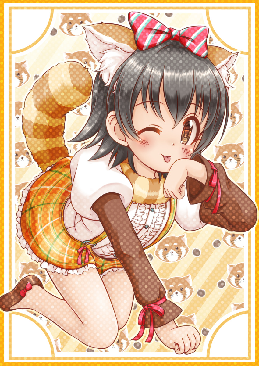 1girl ;p akagi_miria all_fours animal_ear_fluff animal_ears black_hair blush brown_eyes brown_footwear center_frills closed_mouth commentary_request frilled_skirt frills full_body hand_up highres idolmaster idolmaster_cinderella_girls kemonomimi_mode long_sleeves looking_at_viewer one_eye_closed orange_skirt plaid plaid_skirt puffy_short_sleeves puffy_sleeves raccoon_ears raccoon_girl raccoon_tail regular_mow shirt shoes short_over_long_sleeves short_sleeves skirt smile solo striped_tail suspenders tail tail_raised tongue tongue_out white_shirt