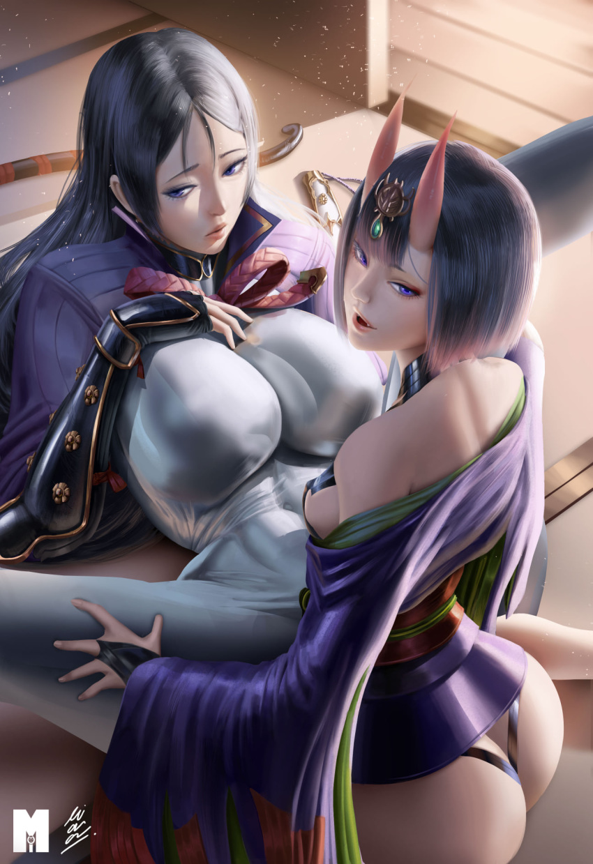 2girls armor ass back bangs bare_shoulders black_gloves bob_cut bodysuit bow_(weapon) breasts bridal_gauntlets eyeliner fate/grand_order fate_(series) fingerless_gloves gloves headpiece highres horns japanese_armor japanese_clothes katana kimono kote large_breasts long_hair long_sleeves looking_at_viewer looking_back looking_to_the_side lying makeup minamoto_no_raikou_(fate/grand_order) moi'dukdum multiple_girls off_shoulder on_back oni oni_horns parted_bangs parted_lips purple_bodysuit purple_eyes purple_hair purple_kimono revealing_clothes ribbed_sleeves short_hair shuten_douji_(fate/grand_order) skin-covered_horns small_breasts smile spread_legs sword thighs very_long_hair weapon wide_sleeves