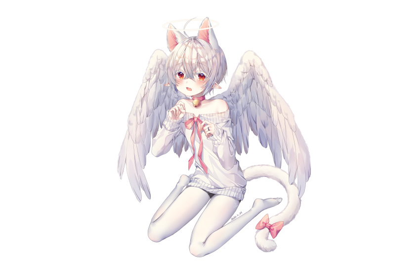 albinoraccoon all_male angel animal_ears bell blush bow catboy collar dress fang gray_hair halo male original pantyhose pointed_ears red_eyes ribbons short_hair signed tail trap white wings