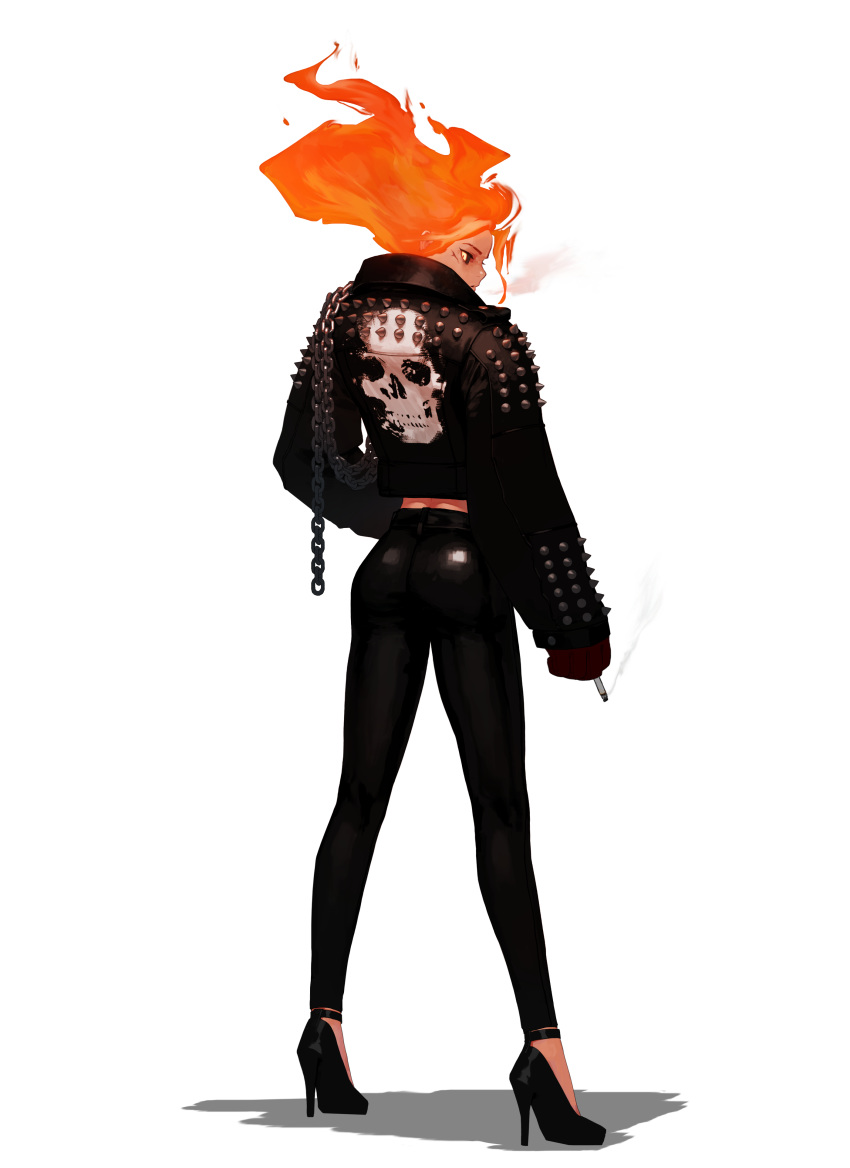 1girl absurdres black_footwear black_jacket black_legwear chain cigarette dgk fiery_hair from_behind genderswap genderswap_(mtf) ghost_rider high_heels highres holding holding_cigarette humanization jacket leather leather_jacket leather_pants looking_down marvel orange_hair pants scar smoking solo spikes white_background