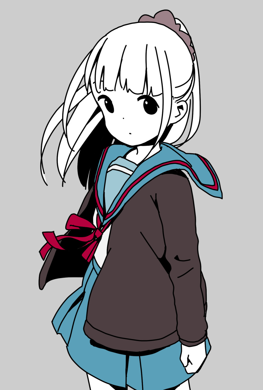 1girl bangs black_cardigan blue_sailor_collar blue_skirt blunt_bangs cardigan closed_mouth commentary_request cosplay cowboy_shot dot_nose expressionless floating_hair grey_background grey_scrunchie hair_ornament hair_scrunchie highres hitoribocchi_no_marumaru_seikatsu honshou_aru katsuwo_(cr66g) kita_high_school_uniform long_hair long_sleeves looking_at_viewer nagato_yuki nagato_yuki_(cosplay) open_cardigan open_clothes partially_colored ponytail red_neckwear red_ribbon ribbon sailor_collar school_uniform scrunchie serafuku shirt simple_background skirt solo standing suzumiya_haruhi_no_yuuutsu white_shirt