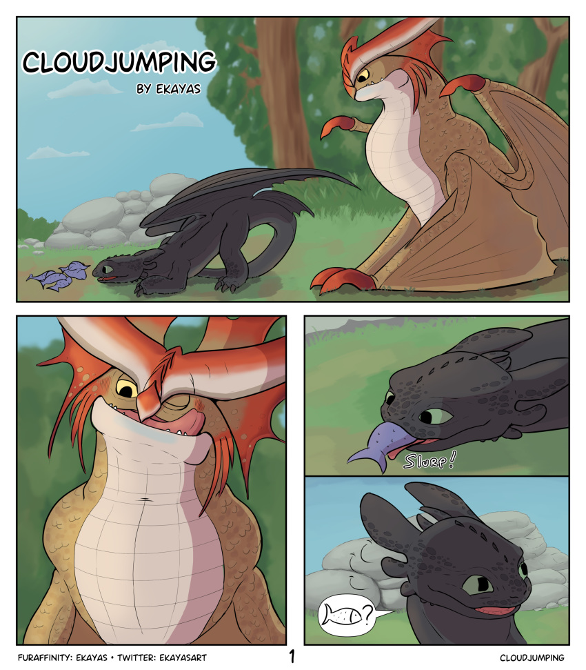 absurd_res black_body blush cloudjumper comic dragon dreamworks duo ekayas feral feral_on_feral fish hi_res how_to_train_your_dragon larger_male lust male male/male marine night_fury outside scalie size_difference smaller_male stormcutter story story_in_description text tongue tongue_out toothless tree western_dragon wings