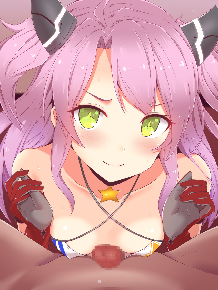 1boy 1girl absurdres ahoge azur_lane bangs bare_shoulders blush breasts censored choker cleavage clothed_female_nude_male collarbone commentary_request covered_nipples criss-cross_halter eyebrows_visible_through_hair gloves green_eyes hair_ornament halterneck hands_up highres houston_(azur_lane) koumei_(twinameless) long_hair looking_at_viewer mosaic_censoring naizuri nude penis pink_hair red_gloves sidelocks small_breasts smile solo_focus star_(symbol) star_choker sweat two_side_up upper_body