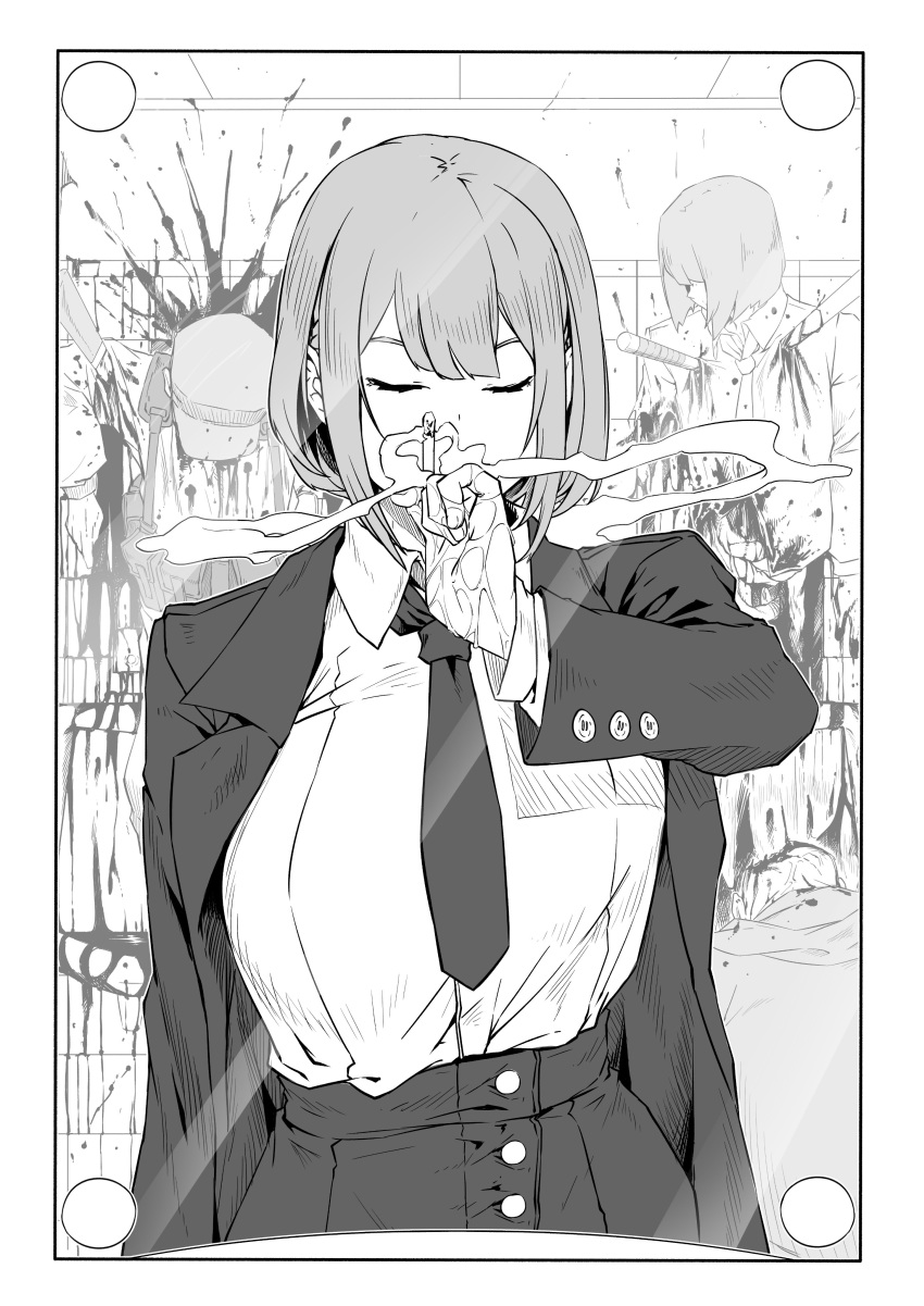 1girl 3boys absurdres bangs blood breasts closed_eyes collared_shirt corpse hat highres large_breasts mirror monochrome multiple_boys necktie original reflection shirt shirt_tucked_in short_hair skirt smoking stabbed zuoteng_lucha