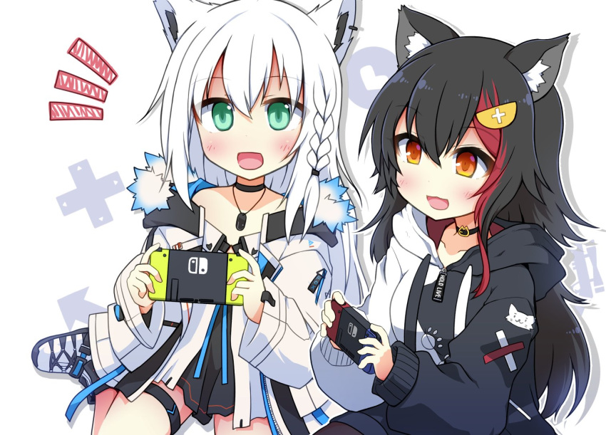 2girls animal_ear_fluff animal_ears bangs black_choker black_dress black_hair black_hoodie blush boots braid choker collarbone commentary_request controller dog_tags dress earrings eyebrows_visible_through_hair fox_ears fox_girl fur_jacket game_controller green_eyes hair_between_eyes holding holding_controller holding_game_controller hololive hood hoodie jacket jewelry long_hair long_sleeves looking_at_viewer multiple_girls nintendo_switch notice_lines ookami_mio open_clothes open_jacket open_mouth red_hair shirakami_fubuki sidelocks simple_background single_braid sitting thigh_strap virtual_youtuber wariza white_background white_hair white_jacket wolf_ears wolf_girl yellow_eyes yuuhi_alpha