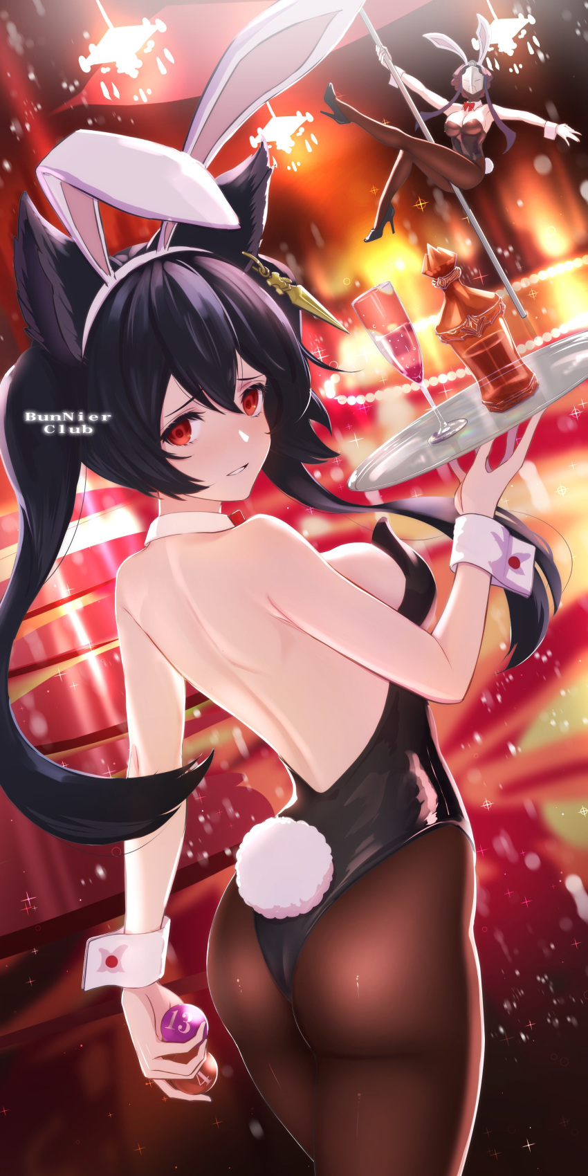 2girls absurdres aiu_eo animal_ears ass bare_back bare_shoulders black_hair black_leotard bow bowtie breasts bunny_ears bunny_tail commentary_request cup death_(granblue_fantasy) drinking_glass dutch_angle ear_piercing erune fake_animal_ears glass_bottle granblue_fantasy high_heels highres leotard light_smile looking_at_viewer looking_back multiple_girls nier_(granblue_fantasy) pantyhose parted_lips piercing playboy_bunny playboy_bunny_leotard pole_dancing red_eyes sideboob tail tray twintails wrist_cuffs