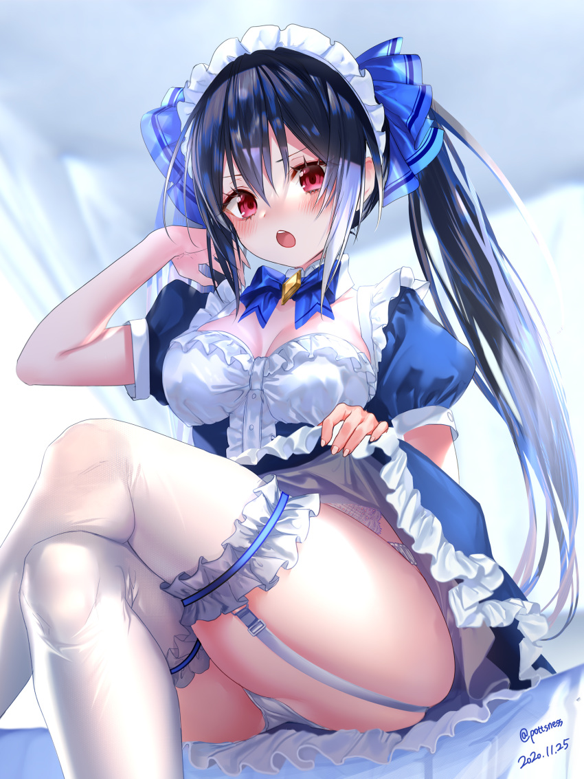 1girl :o absurdres alternate_costume bangs black_hair blue_dress blue_neckwear blush breasts commission crossed_legs dated detached_collar dress dress_lift enmaided frilled_dress frills from_below garter_straps hair_ribbon highres large_breasts lifted_by_self long_hair maid maid_headdress neptune_(series) noire open_mouth panties pantyshot pottsness red_eyes ribbon short_sleeves sidelocks sitting skeb_commission solo thighhighs twintails twitter_username underwear white_legwear white_panties