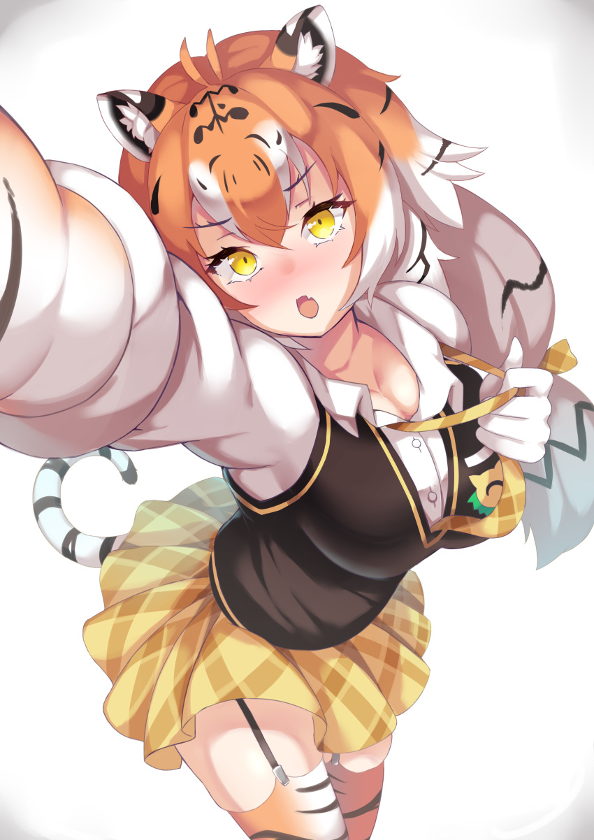 1girl absurdres animal_ears animal_print antenna_hair arm_up black_hair blush breasts buttons cat_girl cleavage eyebrows_visible_through_hair eyelashes fang foreshortening garter_straps gloves hand_up highres japari_symbol kemono_friends large_breasts leaning_forward long_hair long_sleeves looking_at_viewer low-tied_long_hair miniskirt multicolored_hair necktie nose_blush open_mouth orange_hair outstretched_arm pikunoma plaid pleated_skirt print_gloves print_legwear self_shot shirt siberian_tiger_(kemono_friends) skirt solo streaked_hair sweater_vest tail thighhighs tiger_ears tiger_girl tiger_print tiger_tail undone_necktie white_hair yellow_eyes yellow_skirt