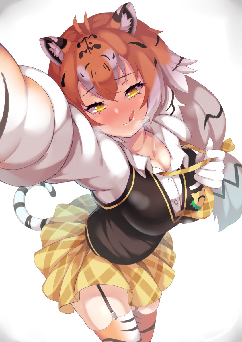 1girl :q absurdres animal_ears animal_print antenna_hair arm_up black_hair blush breasts breath buttons cat_girl cleavage eyebrows_visible_through_hair foreshortening furrowed_eyebrows garter_straps gloves hair_between_eyes half-closed_eyes hand_up highres japari_symbol kemono_friends large_breasts leaning_forward licking_lips long_hair long_sleeves looking_at_viewer low-tied_long_hair miniskirt multicolored_hair naughty_face necktie nose_blush orange_hair outstretched_arm pikunoma plaid pleated_skirt print_gloves print_legwear saliva self_shot shirt siberian_tiger_(kemono_friends) skirt smile solo streaked_hair sweater_vest tail thighhighs tiger_ears tiger_girl tiger_print tiger_tail tongue tongue_out undone_necktie white_hair yellow_eyes yellow_skirt