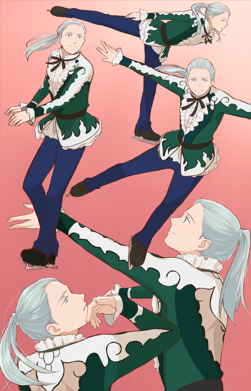 1boy belt blue_eyes blue_pants closed_eyes figure_skating frilled_sleeves frills highres ice_skates male_focus pants pink_background ponytail ribbon silver_hair skates skating smile takeshi_(mononohu20) teenage viktor_nikiforov younger yuri!!!_on_ice yuri!!!_on_ice_the_movie:_ice_adolescence