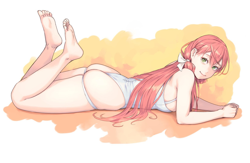 1girl akashi_(kantai_collection) alternate_costume ass bare_legs bare_shoulders barefoot breasts commentary_request feet green_eyes hair_ribbon highres kantai_collection long_hair looking_at_viewer lying on_stomach pink_hair ribbon single_thighhigh smile soles solo swimsuit the_pose thighhighs toes tress_ribbon yuuji_(and)