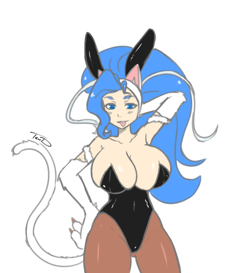 2018 animal_humanoid big_breasts big_claws big_hair blue_eyes blue_hair breasts bunny_costume bunny_ears_(cosmetic) capcom cat_humanoid claws cleavage clothed clothing colored_sketch costume darkstalkers felicia_(darkstalkers) felid felid_humanoid feline feline_humanoid female fur hair hand_behind_head hand_on_hip hi_res huge_breasts humanoid legwear long_hair looking_at_viewer mammal mammal_humanoid monster_girl_(genre) navel solo stockings that-girl-whodraws tight_clothing tights tongue tongue_out video_games white_body white_fur