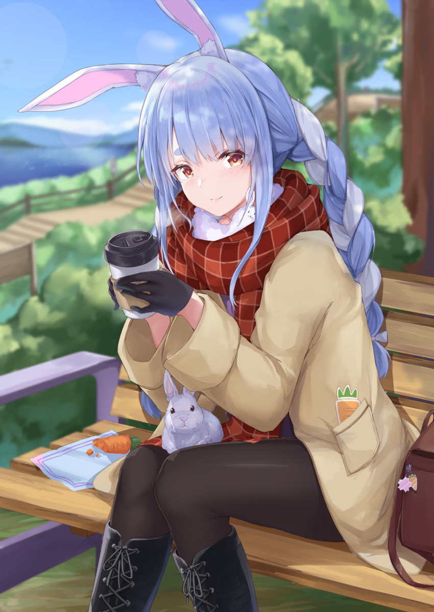 1girl animal_ears bag bangs beige_jacket bench black_footwear black_gloves black_legwear blue_sky blush boots braid bunny bunny_ears bush carrot carrot_print charm_(object) cloud coffee_cup cross-laced_footwear cup disposable_cup food_print fur_collar gloves half_gloves handbag highres holding holding_cup hololive knee_boots lake long_sleeves looking_at_viewer mountain mountainous_horizon multicolored_hair orange_eyes outdoors pantyhose plaid plaid_scarf railing red_scarf scarf shiunnkaku sidelocks sitting sky smile solo stairs thick_eyebrows tree twin_braids twintails two-tone_hair usada_pekora virtual_youtuber