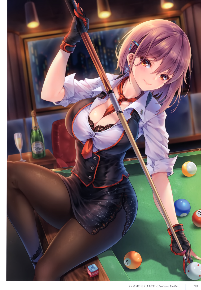 1girl absurdres artist_name billiards black_legwear breasts brown_eyes brown_hair buttons cleavage closed_mouth cue_ball cue_stick gloves highres jewelry lips looking_at_viewer makirin medium_breasts mole mole_on_breast original page_number pantyhose pool_table scan shadow simple_background sitting skirt smile solo