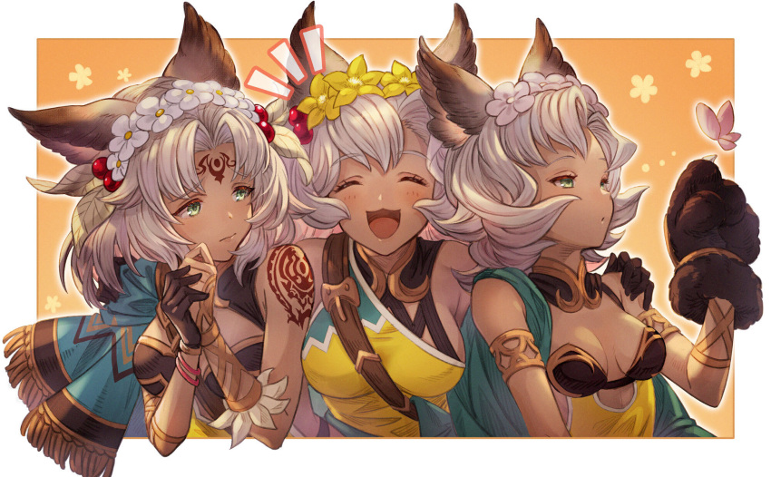 3girls animal_ears armlet backless_outfit between_breasts blush bored bracelet breasts bug butterfly closed_eyes dark_skin erune facial_mark felluca flower forehead_mark gloves granblue_fantasy green_eyes green_hair hair_flower hair_leaf hair_ornament hand_on_another's_shoulder happy highres insect jewelry long_hair melleau multiple_girls nemone nervous notice_lines official_art open_mouth parted_lips paw_gloves paws short_hair siblings single_glove sisters small_breasts strap_between_breasts tattoo upper_body