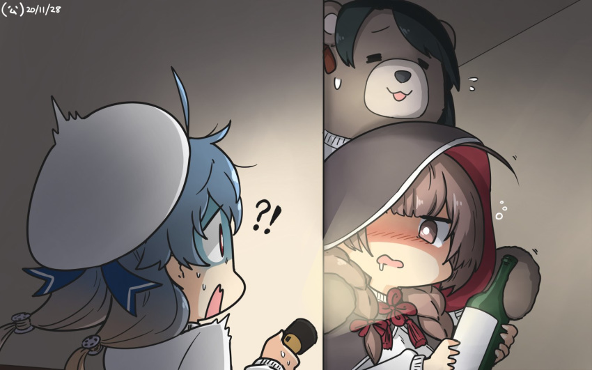 !? 2girls =_= alternate_costume animalization bear black_capelet black_hair blonde_hair blue_hair bottle braid brown_hair capelet commentary_request dated drooling flashlight gradient_hair hamu_koutarou hat highres hood hood_up hooded_capelet kantai_collection long_hair mikuma_(kantai_collection) multicolored_hair multiple_girls red_eyes sado_(kantai_collection) sailor_hat saliva shinshuu_maru_(kantai_collection) surprised sweater twin_braids white_headwear white_sweater