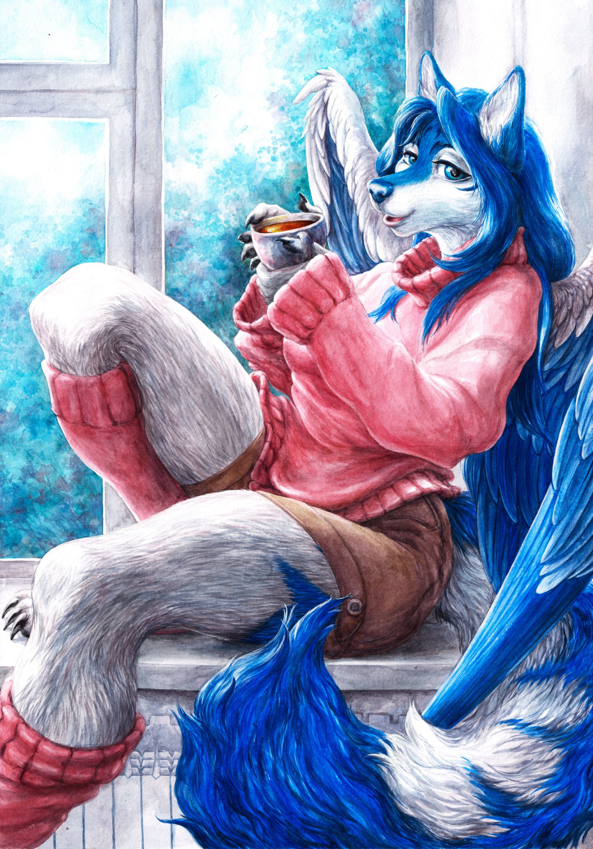 2020 absurd_res anthro avian blue_body blue_feathers blue_fur blue_nose breasts canid canine canis ellkir_fox eyebrows eyelashes feathered_wings feathers female fur hi_res hybrid mammal smile solo tala_(suntattoowolf) traditional_media_(artwork) white_body white_fur wings wolf