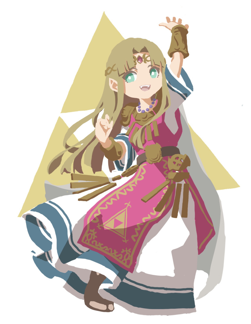 1girl :d aqua_eyes arm_up bead_necklace beads blonde_hair bracer bright_pupils brown_footwear circlet dress full_body gem hair_intakes hand_up highres jewelry long_hair necklace nishikuromori no_lineart no_nose open_mouth pointy_ears princess princess_zelda short_sleeves smile solo straight_hair teeth the_legend_of_zelda the_legend_of_zelda:_a_link_between_worlds triforce white_dress white_pupils