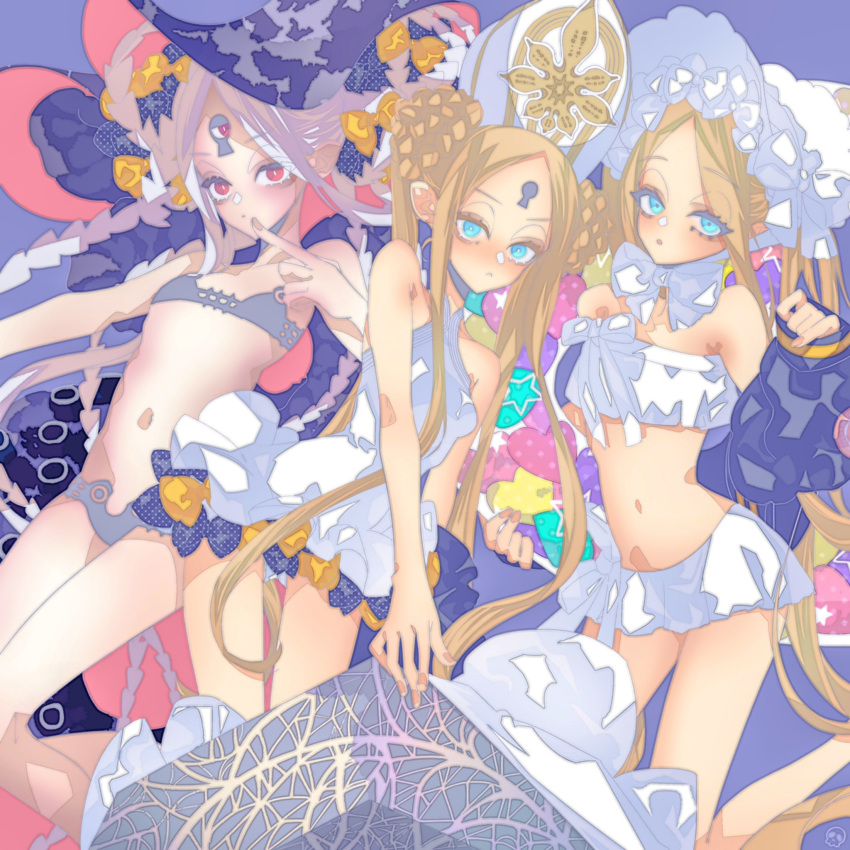 :o abigail_williams_(fate/grand_order) abigail_williams_(swimsuit_foreigner)_(fate) anno88888 bangs bikini black_bikini black_headwear blonde_hair blue_eyes bonnet breasts closed_mouth double_bun dress dual_persona fate/grand_order fate_(series) forehead frilled_dress frills hat highres keyhole long_hair multiple_girls open_mouth parted_bangs red_eyes sidelocks small_breasts swimsuit white_bikini white_dress white_hair white_headwear