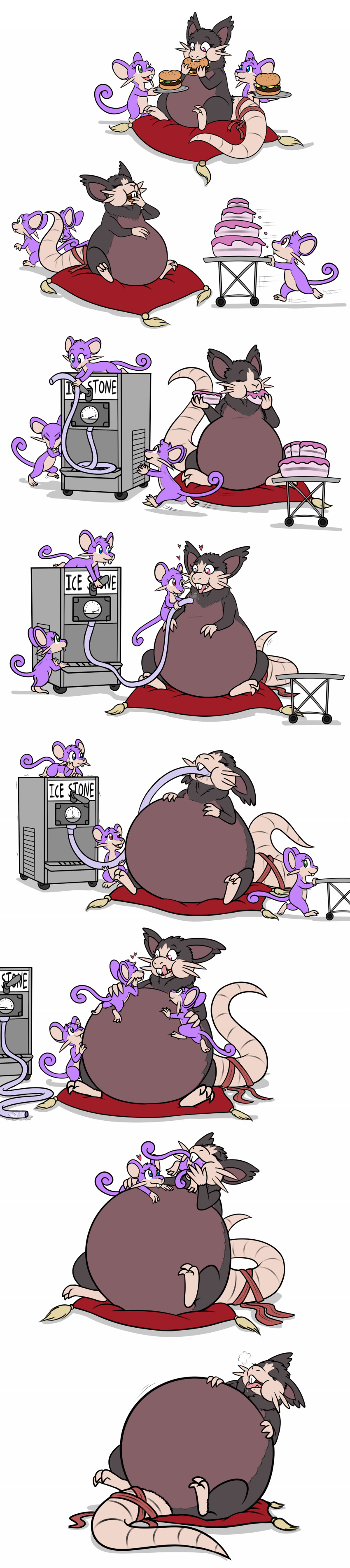 2017 absurd_res after_vore alolan_raticate belly big_belly black_body black_fur cake dessert female food fur group hi_res hyper hyper_belly inflation krixata long_image mammal mouse murid murine nintendo oral_vore overweight pok&eacute;mon pok&eacute;mon_(species) purple_body purple_fur raticate rattata regional_form_(pok&eacute;mon) rodent sequence simple_background sitting size_difference stuffing tall_image video_games vore white_background