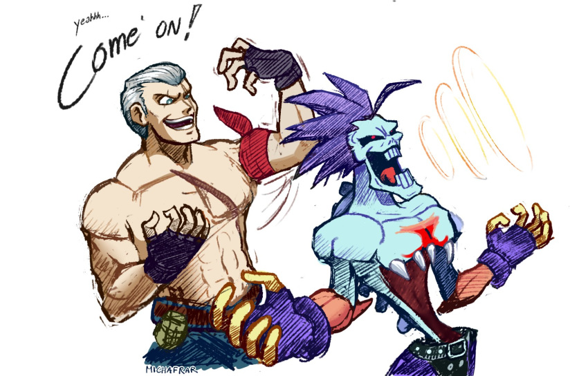 bandanna bryan_fury capcom chest_scar clothed clothing darkstalkers duo fingerless_gloves gloves hair handwear hi_res human humanoid kerchief lord_raptor male mammal michafrar purple_hair red_bandanna red_kerchief scar smile stomach_mouth tekken topless undead video_games white_hair zombie