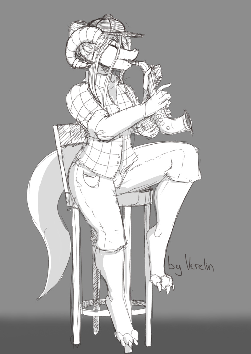 absurd_res clothed clothing female hair hi_res kobold musical_instrument nusimee saxophone simple_background sketch solo verelin wind_instrument woodwind_instrument