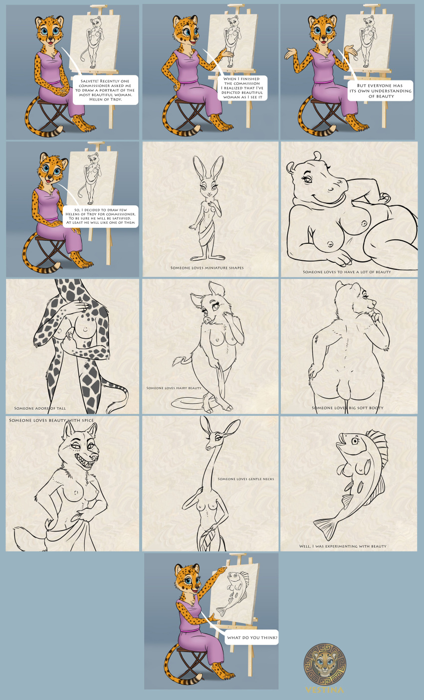 absurd_res antelope anthro big_breasts bovid breasts butt canid canine canis cheetah comic common_hippopotamus dialogue easel english_text evil_grin felid feline female fish gerenuk giraffe giraffid group hare hi_res hippopotamid humor julia_(vestina) lagomorph leporid lion looking_at_viewer mammal marine nipples overweight overweight_anthro pantherine perch pose small_breasts smile suid suina sus_(pig) teeth text true_antelope ursid vestina wild_boar wolf