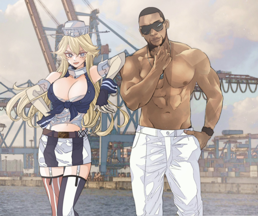 1boy 1girl abs admiral_(kantai_collection) american_flag american_flag_legwear anno88888 bangs blonde_hair blue_eyes breasts cleavage commentary_request dark_skin dark_skinned_male elbow_gloves front-tie_top garter_straps gloves headgear highres iowa_(kantai_collection) kantai_collection large_breasts long_hair mismatched_legwear open_mouth pants shirtless skirt sunglasses thighhighs watch white_pants wristwatch