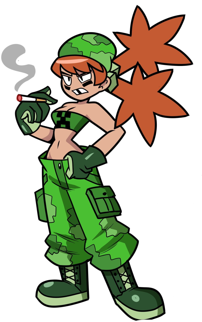 1girl baggy_pants boots breasts cigarette cleavage creeper crop_top gloves green_pants highres humanization impossible_pants loose_pants lowleg lowleg_pants midriff minecraft no_panties orange_hair pants sleeveless superspoe tooth_gap