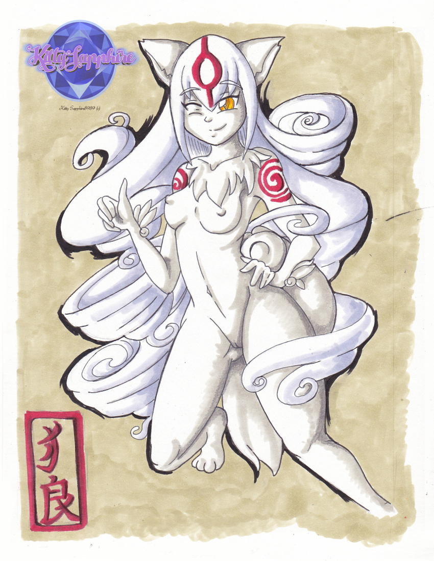 absurd_res amaterasu animal_humanoid breasts canid canid_humanoid canine canine_humanoid canis capcom deity female fur genitals hair hi_res humanoid ksapphire8989 mammal mammal_humanoid navel nude one_eye_closed pussy smile smirk solo traditional_media_(artwork) video_games white_body white_fur wolf_humanoid ōkami