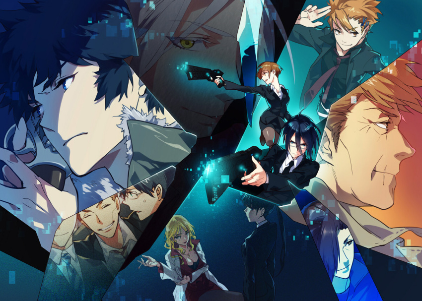 blonde_hair broken_glass brown_hair choe_gu-sung dominator_(gun) everyone formal ginoza_nobuchika glass glasses gun holding holding_gun holding_weapon kagari_shuusei karanomori_shion kougami_shin'ya kunizuka_yayoi labcoat makishima_shougo masaoka_tomomi necktie psycho-pass sasayama_mitsuru siruphial skirt_suit suit tsunemori_akane weapon white_hair yellow_eyes