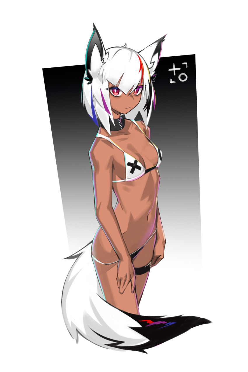 1girl animal_ears bikini black_collar breasts collar commentary cropped_legs dark_skin deel_(rkeg) english_commentary fox_ears fox_tail highres looking_at_viewer medium_breasts multicolored multicolored_hair multicolored_tail navel original red_eyes simple_background solo standing streaked_hair swimsuit tail white_hair